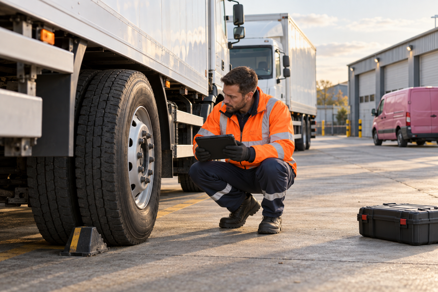 Tyre technician recording a fleet tyre inspection beside white delivery trucks and a rose service van